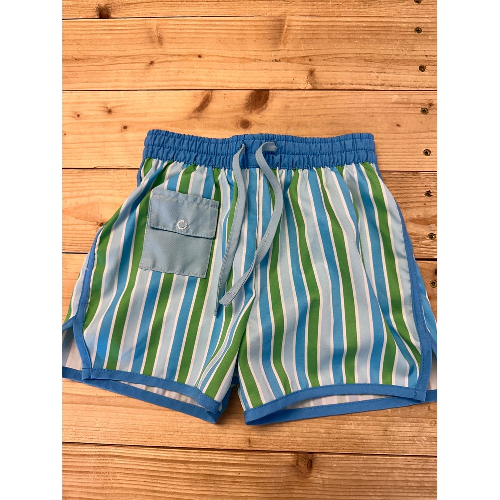 Mockingbird Swim Trunks Striped Blue Green Lined Pocket‎ Drawstring Size 6